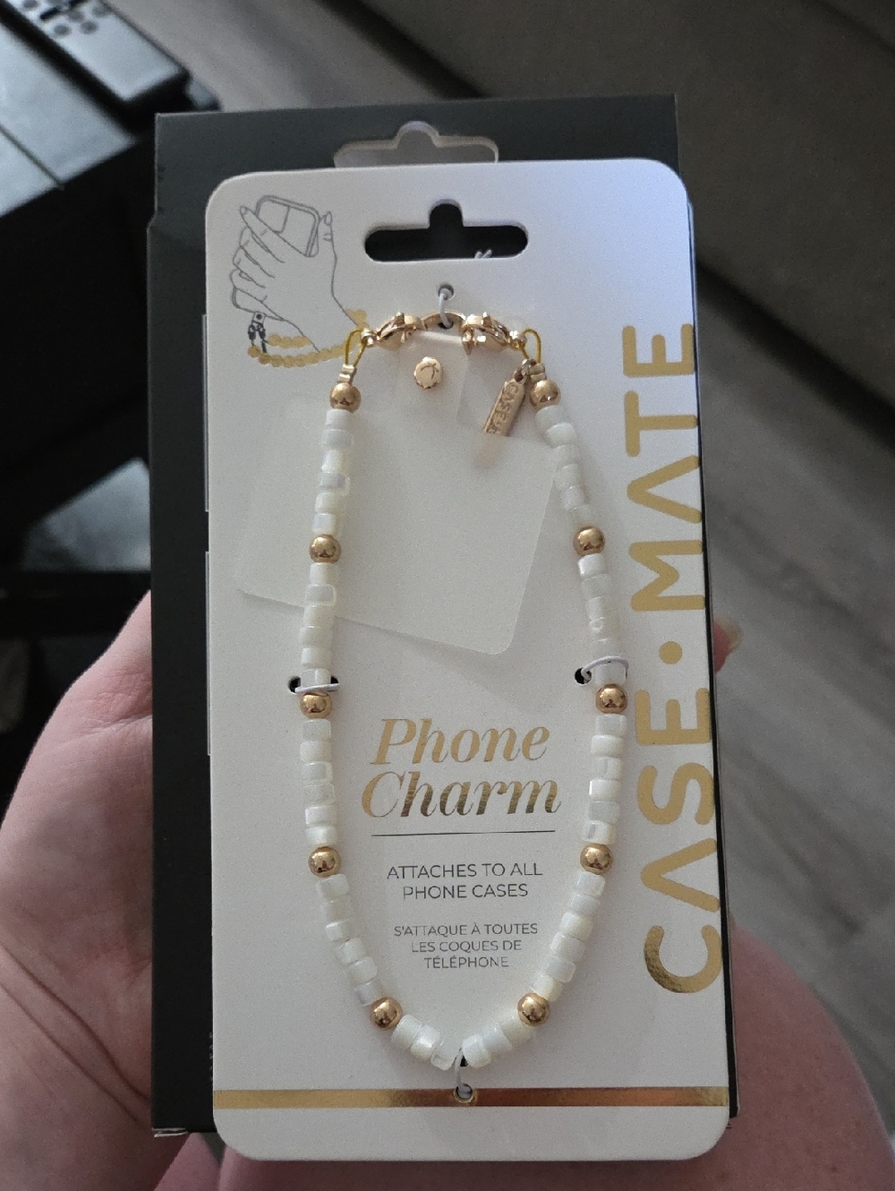 Case Mate White Beaded Phone Charm with Gold Accents Keychain Holder